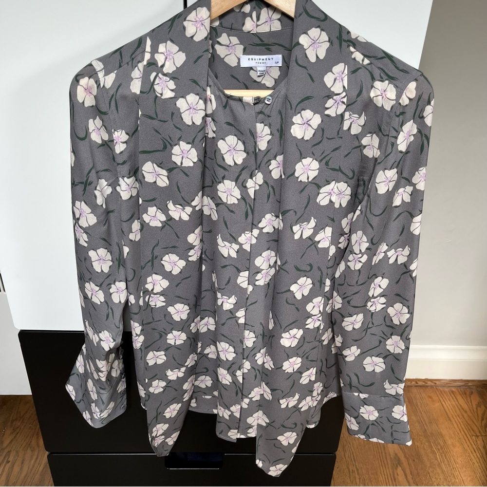 Grey Silk Tie Neck Equipment Blouse